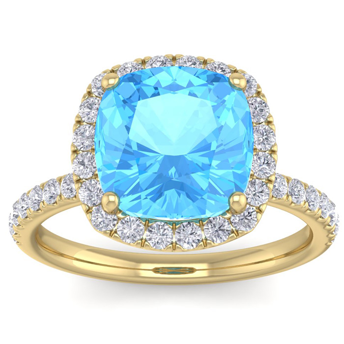 6 Carat Cushion Cut Blue Topaz & 38 Diamond Ring in 14K Yellow Gold (4 g), , Size 4 by SuperJeweler