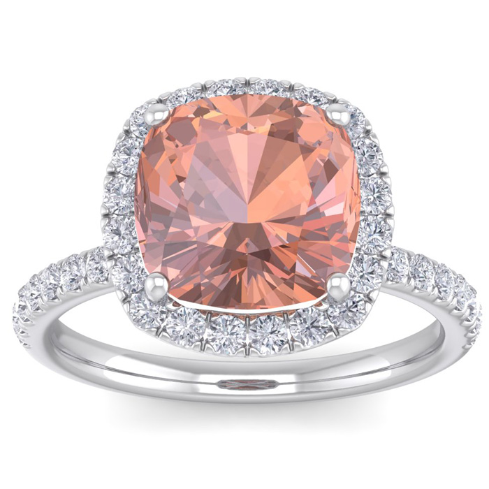 5 Carat Cushion Cut Morganite & 38 Diamond Ring in 14K White Gold (4 g), , Size 4 by SuperJeweler