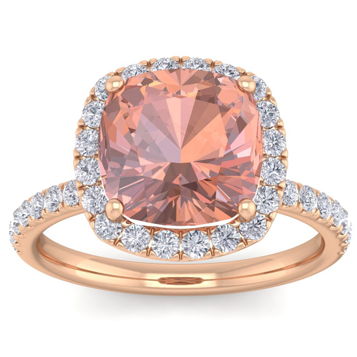 5 Carat Cushion Cut Morganite & 38 Diamond Ring in 14K Rose Gold (4 g), , Size 4 by SuperJeweler