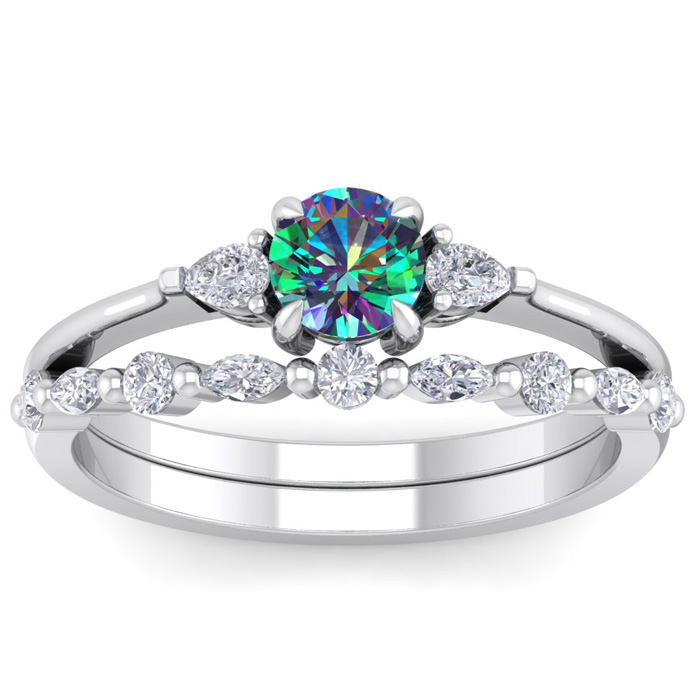 3/4 Carat Mystic Topaz & Diamond Antique Style Bridal Ring Set in 14K White Gold (3.70 g), , Size 4 by SuperJeweler