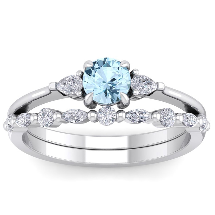 7/8 Carat Aquamarine & Diamond Antique Style Bridal Ring Set in 14K White Gold (3.70 g), , Size 4 by SuperJeweler