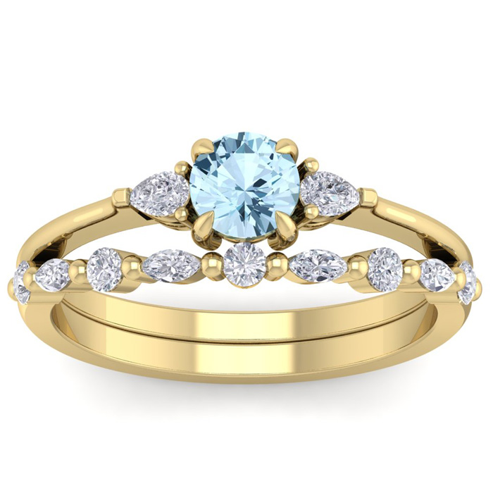 7/8 Carat Aquamarine & Diamond Antique Style Bridal Ring Set in 14K Yellow Gold (3.70 g), , Size 4 by SuperJeweler