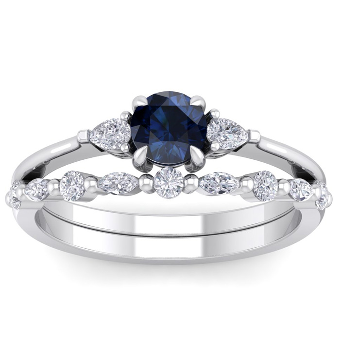 1 Carat Sapphire & Diamond Antique Style Bridal Ring Set in 14K White Gold (3.70 g), , Size 4 by SuperJeweler