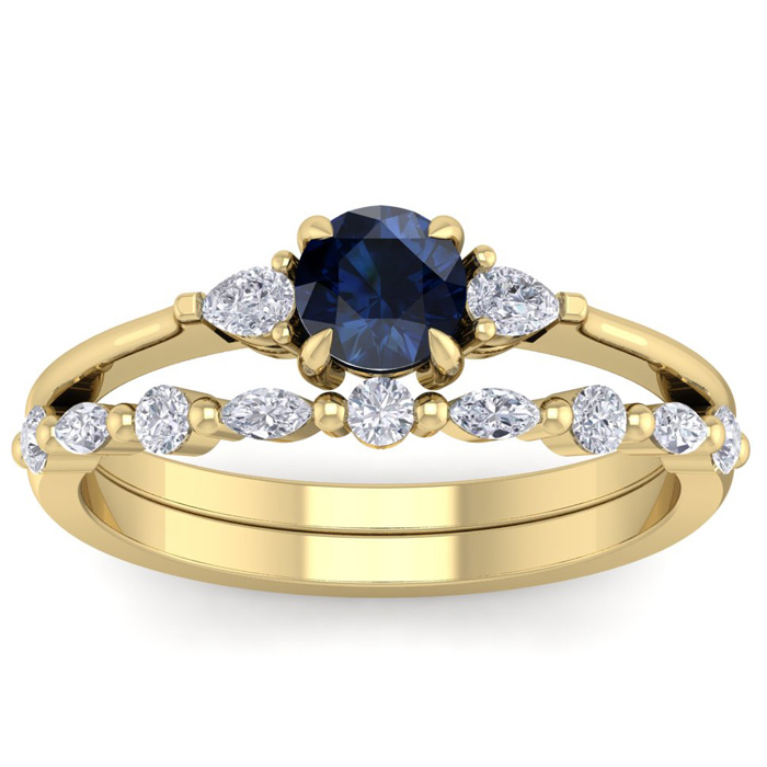 1 Carat Sapphire & Diamond Antique Style Bridal Ring Set in 14K Yellow Gold (3.70 g), , Size 4 by SuperJeweler