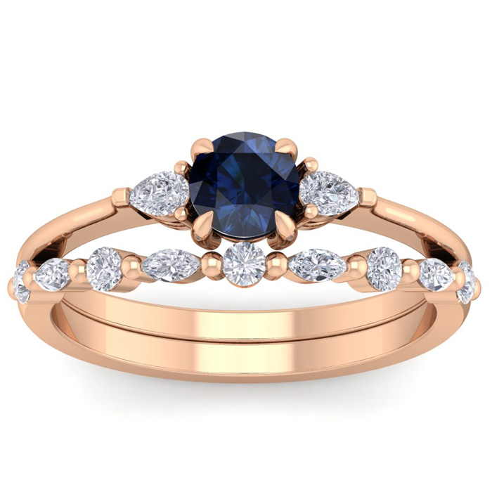 1 Carat Sapphire & Diamond Antique Style Bridal Ring Set in 14K Rose Gold (3.70 g), , Size 4 by SuperJeweler