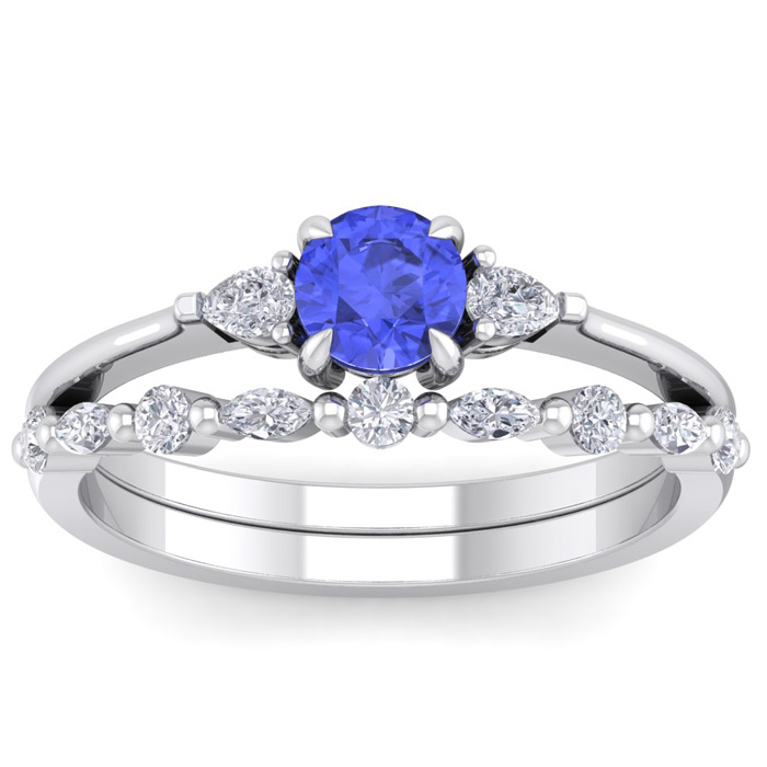 1 Carat Tanzanite & Diamond Antique Style Bridal Ring Set in 14K White Gold (3.70 g), , Size 4 by SuperJeweler