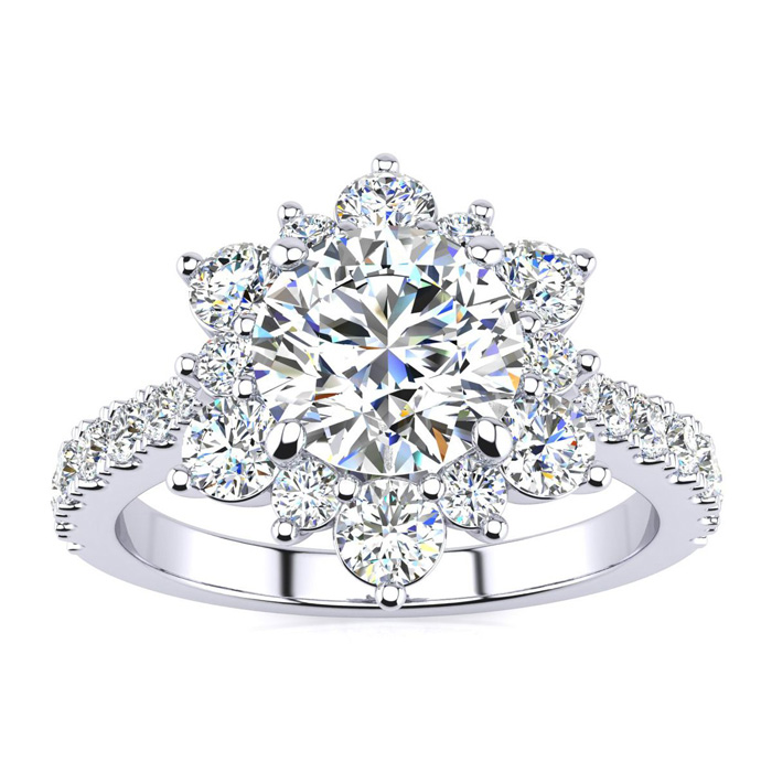 1 Carat Round Shape Flower Halo Moissanite Engagement Ring in 14K White Gold (3.60 g), E/F Color, Size 4 by SuperJeweler