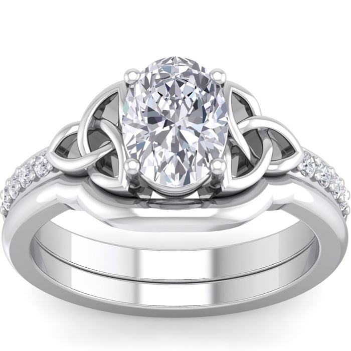 1.5 Carat Oval Shape Diamond Claddagh Bridal Ring Set in 14K White Gold (6.60 g) (
