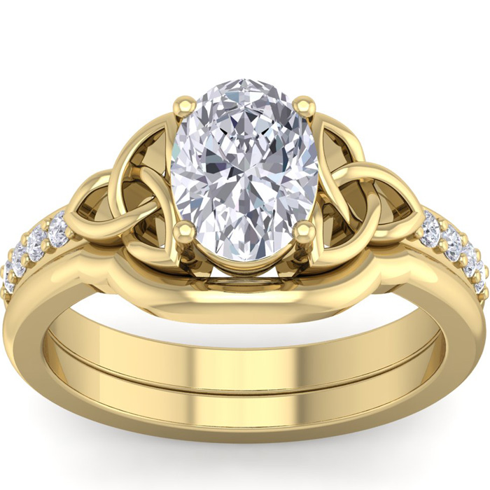 1.5 Carat Oval Shape Diamond Claddagh Bridal Ring Set in 14K Yellow Gold (6.60 g) (