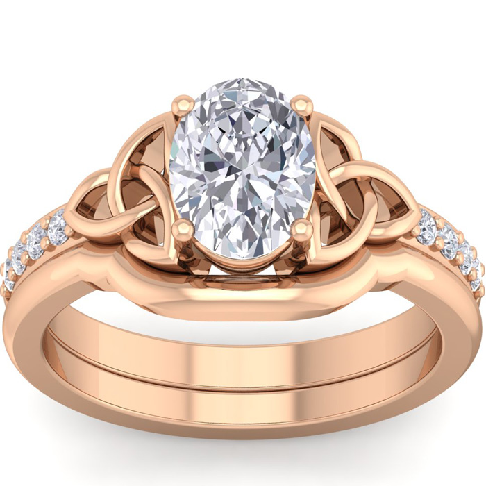 1.5 Carat Oval Shape Diamond Claddagh Bridal Ring Set in 14K Rose Gold (6.60 g) (