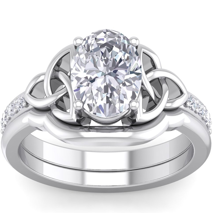 2 Carat Oval Shape Diamond Claddagh Bridal Ring Set in 14K White Gold (7 g) (