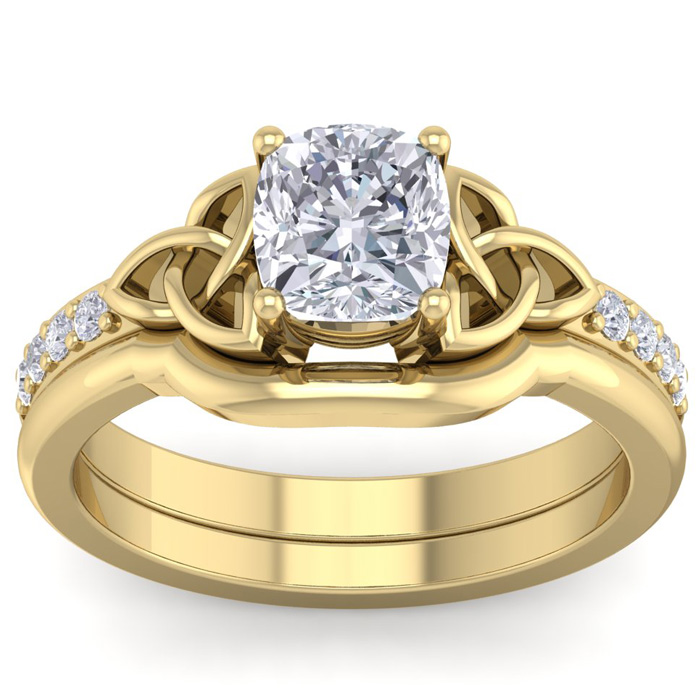 1.5 Carat Cushion Cut Diamond Claddagh Bridal Ring Set in 14K Yellow Gold (6.30 g) (