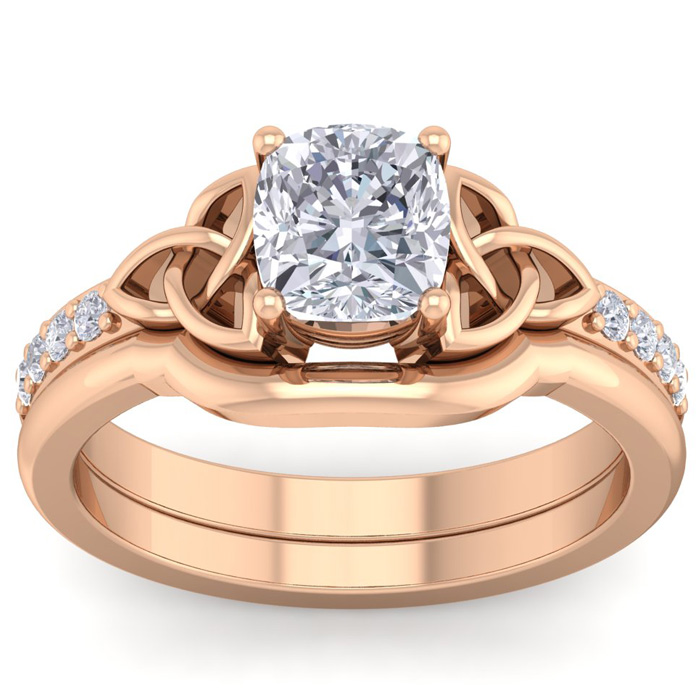1.5 Carat Cushion Cut Diamond Claddagh Bridal Ring Set in 14K Rose Gold (6.30 g) (