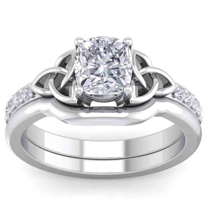 1.5 Carat Cushion Cut Diamond Claddagh Bridal Ring Set in 14K White Gold (6.30 g) (