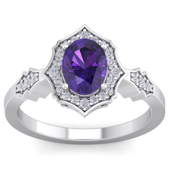 1 1/3 Carat Oval Shape Amethyst & 26 Diamond Ring In 14K White Gold (3.90 G), I-J, Size 4 By SuperJeweler