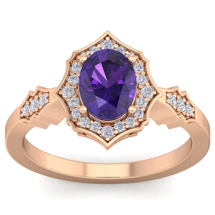 1 1/3 Carat Oval Shape Amethyst & 26 Diamond Ring in 14K Rose Gold (3.90 g), , Size 4 by SuperJeweler