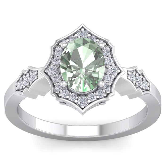 1 1/3 Carat Oval Shape Green Amethyst & 26 Diamond Ring in 14K White Gold (3.90 g), , Size 4 by SuperJeweler