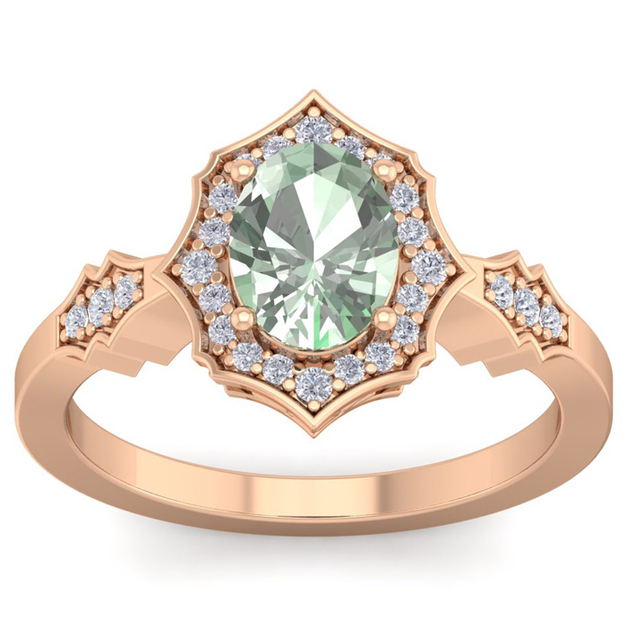 1 1/3 Carat Oval Shape Green Amethyst & 26 Diamond Ring in 14K Rose Gold (3.90 g), , Size 4 by SuperJeweler