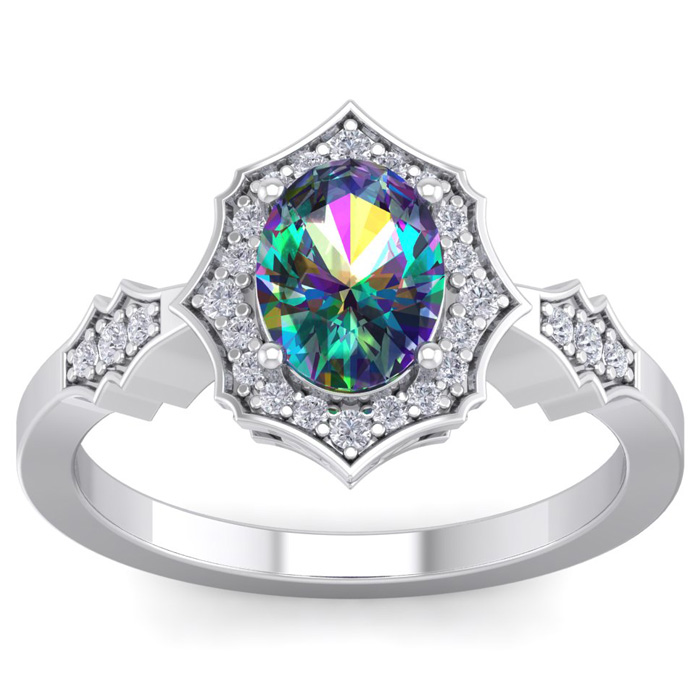 1 1/3 Carat Oval Shape Mystic Topaz & 26 Diamond Ring in 14K White Gold (3.90 g), , Size 4 by SuperJeweler