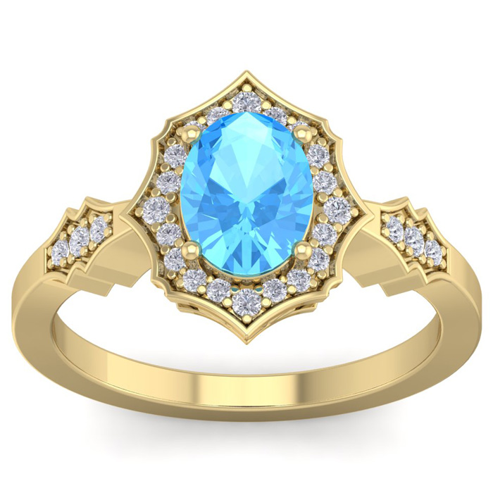 1 3/4 Carat Oval Shape Blue Topaz & 26 Diamond Ring in 14K Yellow Gold (3.90 g), , Size 4 by SuperJeweler