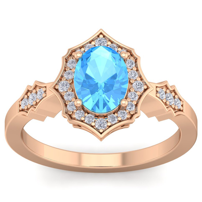 1 3/4 Carat Oval Shape Blue Topaz & 26 Diamond Ring in 14K Rose Gold (3.90 g), , Size 4 by SuperJeweler