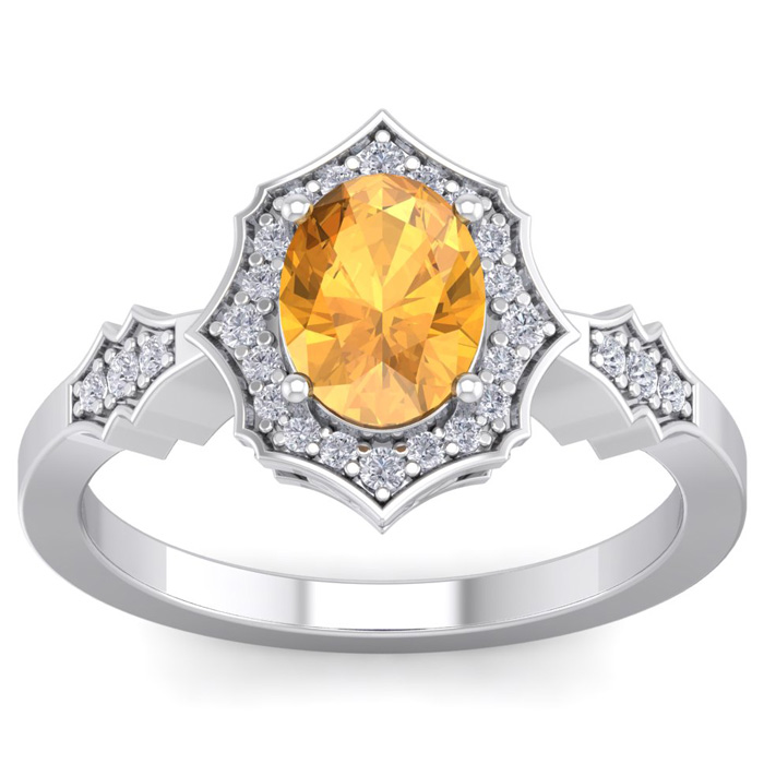 1 1/3 Carat Oval Shape Citrine & 26 Diamond Ring in 14K White Gold (3.90 g), , Size 4 by SuperJeweler