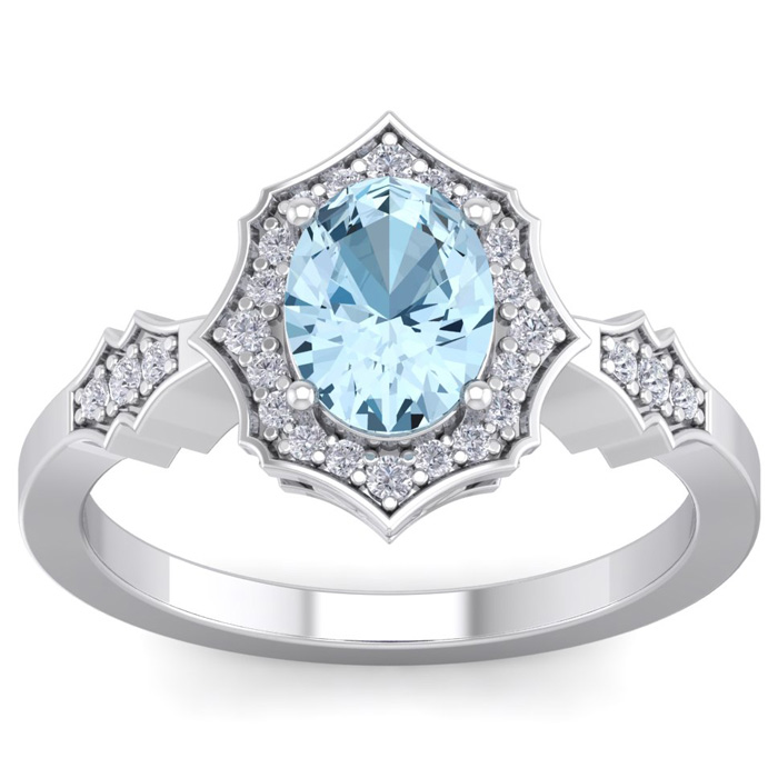 1.5 Carat Oval Shape Aquamarine & 26 Diamond Ring in 14K White Gold (3.90 g), , Size 4 by SuperJeweler