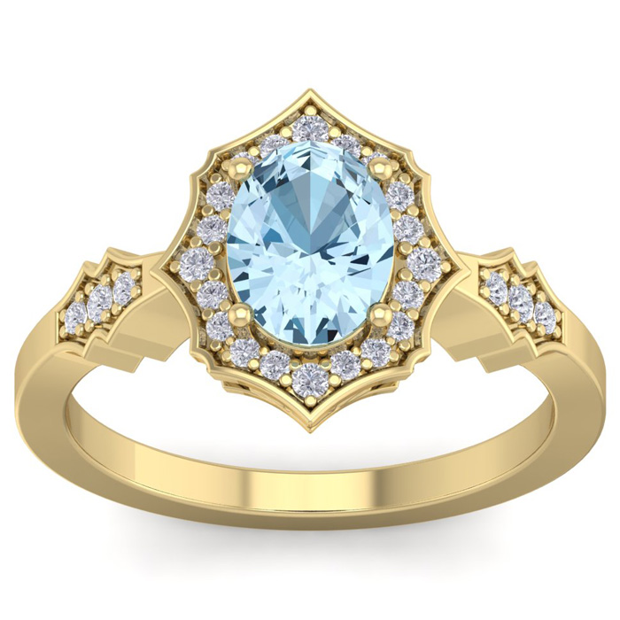 1.5 Carat Oval Shape Aquamarine & 26 Diamond Ring in 14K Yellow Gold (3.90 g), , Size 4 by SuperJeweler