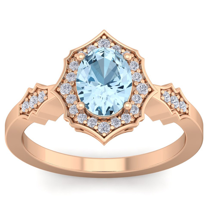 1.5 Carat Oval Shape Aquamarine & 26 Diamond Ring in 14K Rose Gold (3.90 g), , Size 4 by SuperJeweler