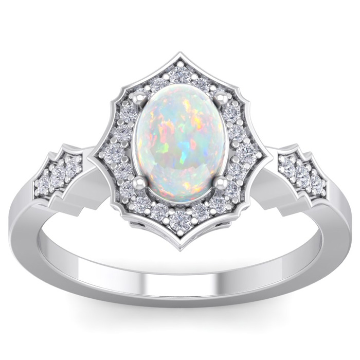 1.25 Carat Oval Shape Opal & 26 Diamond Ring in 14K White Gold (3.90 g), , Size 4 by SuperJeweler