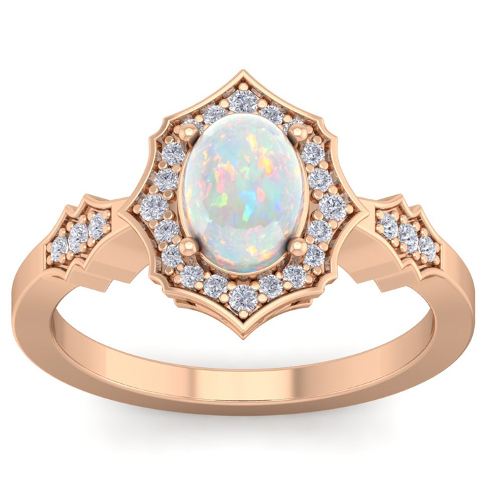 1.25 Carat Oval Shape Opal & 26 Diamond Ring in 14K Rose Gold (3.90 g), , Size 4 by SuperJeweler