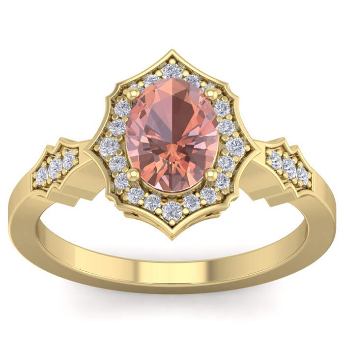 1.5 Carat Oval Shape Morganite & 26 Diamond Ring in 14K Yellow Gold (3.90 g), , Size 4 by SuperJeweler