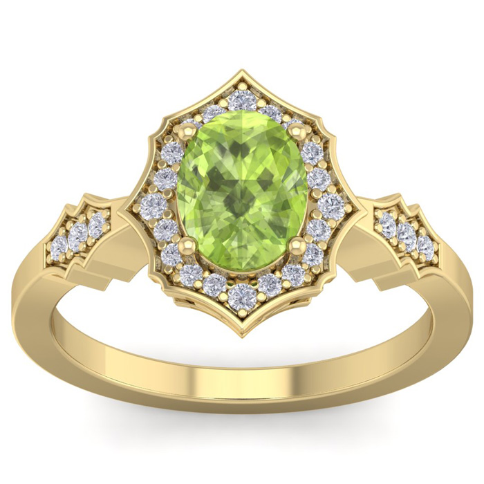 1.5 Carat Oval Shape Peridot & 26 Diamond Ring in 14K Yellow Gold (3.90 g), , Size 4 by SuperJeweler