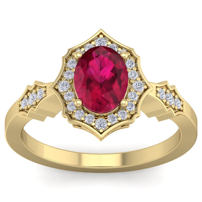 1 3/4 Carat Oval Shape Ruby & 26 Diamond Ring in 14K Yellow Gold (3.90 g), , Size 4 by SuperJeweler