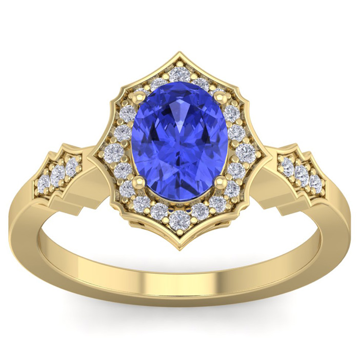 1.5 Carat Oval Shape Tanzanite & 26 Diamond Ring in 14K Yellow Gold (3.90 g), , Size 4 by SuperJeweler