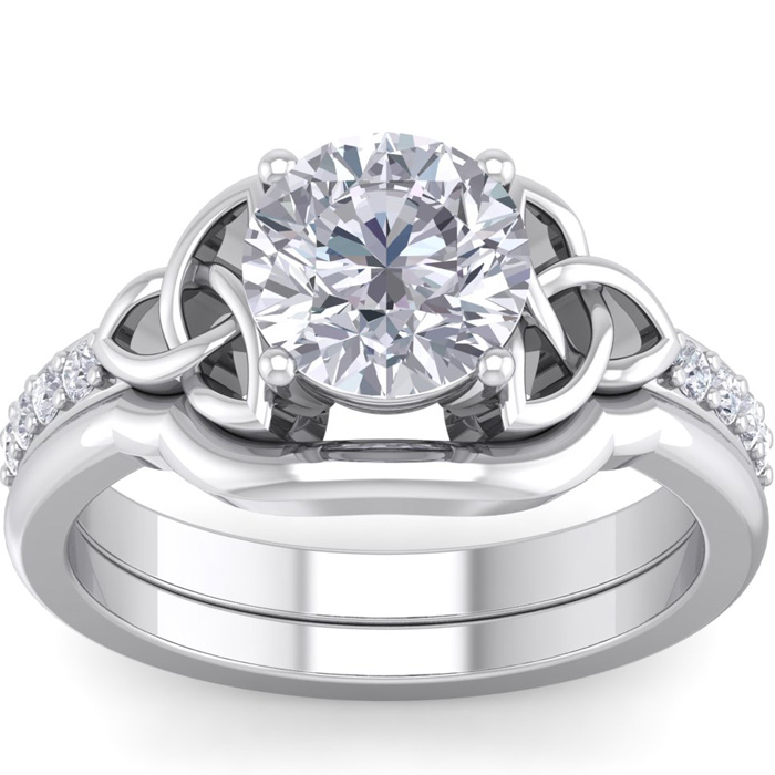 1.5 Carat Round Diamond Claddagh Bridal Ring Set in 14K White Gold (6.30 g) (