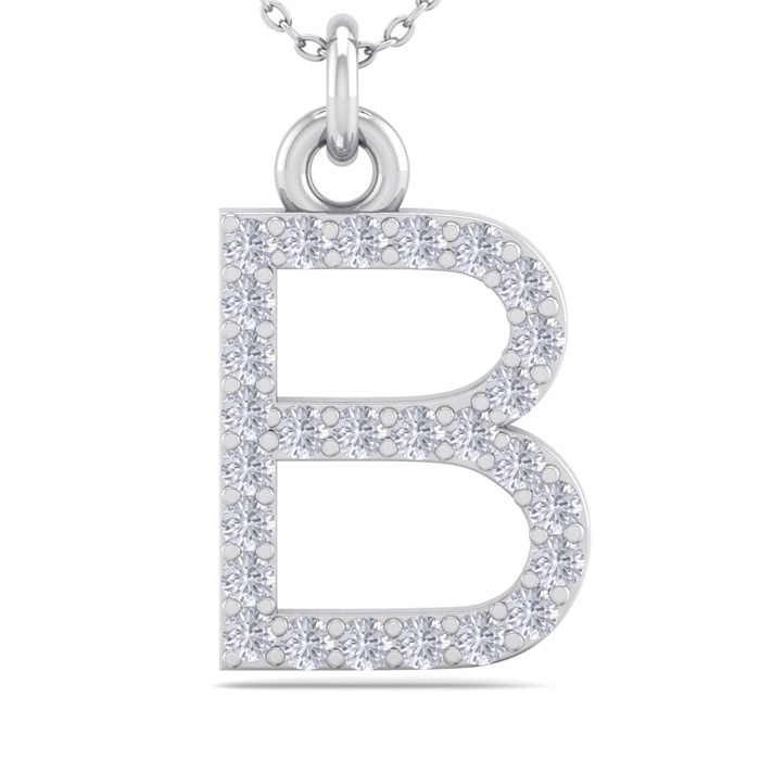 Letter B Diamond Initial Necklace in 14K White Gold (2.50 g) w/ 27 Diamonds, , 18 Inch Chain by SuperJeweler