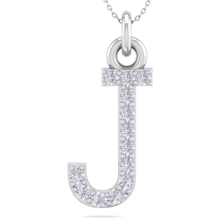 Letter J Diamond Initial Necklace in 14K White Gold (2.50 g) w/ 13 Diamonds, , 18 Inch Chain by SuperJeweler