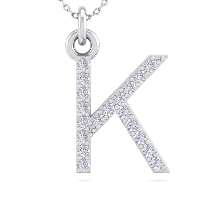 Letter K Diamond Initial Necklace in 14K White Gold (2.50 g) w/ 19 Diamonds, , 18 Inch Chain by SuperJeweler