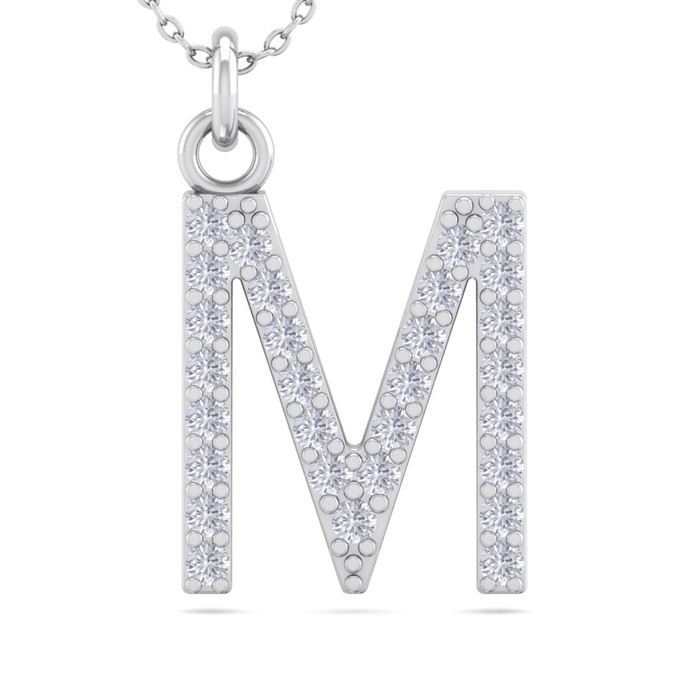 Letter M Diamond Initial Necklace In 14K White Gold (2.50 G) W/ 29 Diamonds, H/I, 18 Inch Chain By SuperJeweler