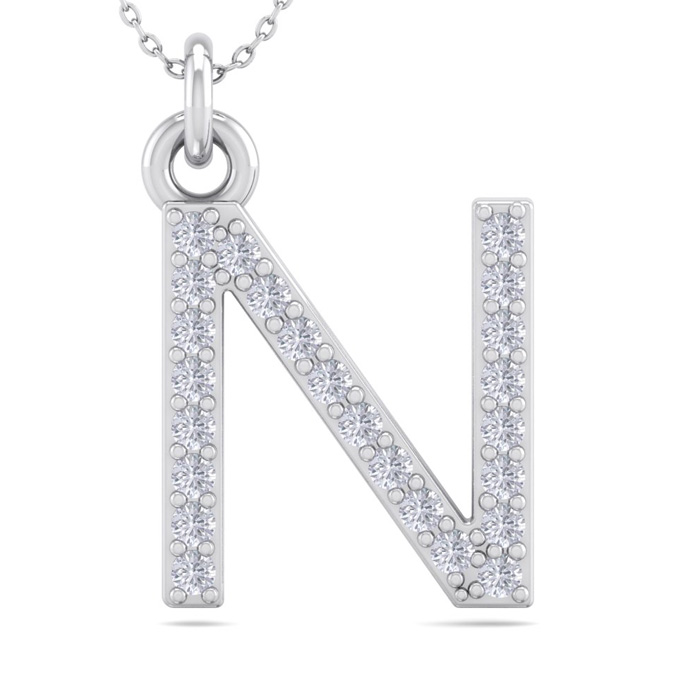 Letter N Diamond Initial Necklace in 14K White Gold (2.50 g) w/ 24 Diamonds, , 18 Inch Chain by SuperJeweler