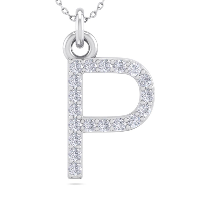 Letter P Diamond Initial Necklace in 14K White Gold (2.50 g) w/ 19 Diamonds, , 18 Inch Chain by SuperJeweler