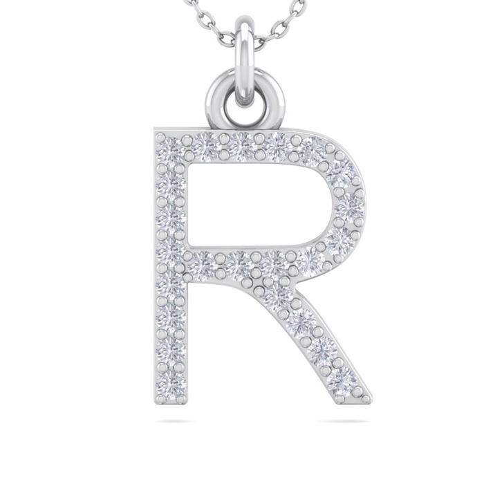 Letter R Diamond Initial Necklace in 14K White Gold (2.50 g) w/ 23 Diamonds, , 18 Inch Chain by SuperJeweler