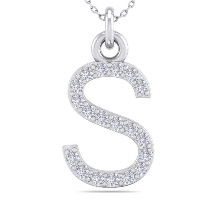 Letter S Diamond Initial Necklace in 14K White Gold (2.50 g) w/ 19 Diamonds, , 18 Inch Chain by SuperJeweler