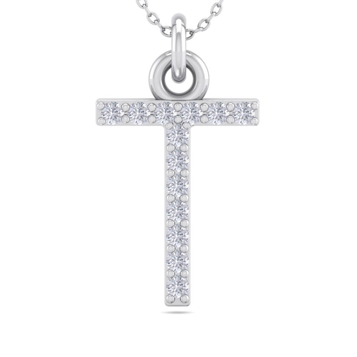 Letter T Diamond Initial Necklace in 14K White Gold (2.50 g) w/ 13 Diamonds, , 18 Inch Chain by SuperJeweler