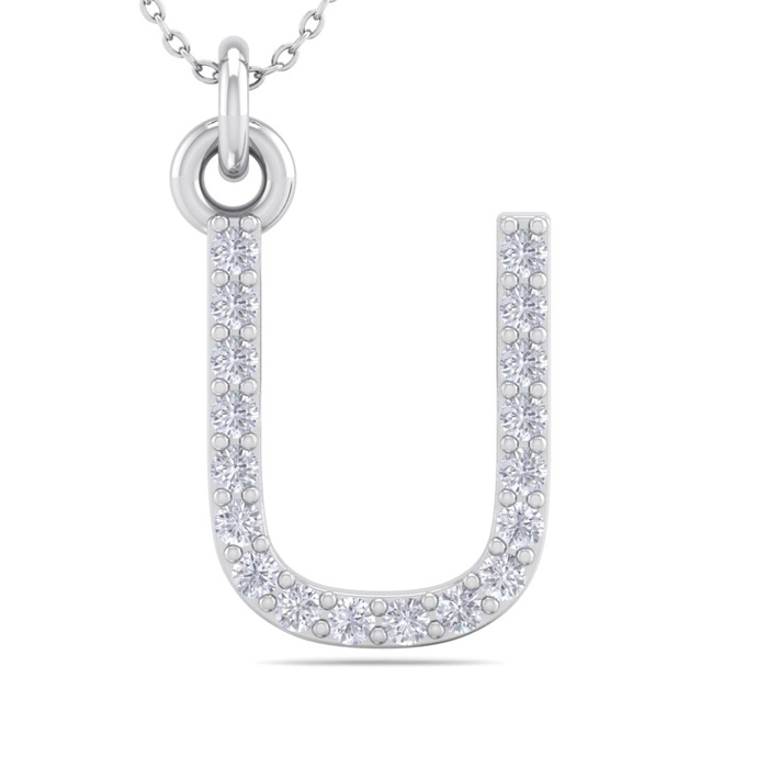 Letter U Diamond Initial Necklace in 14K White Gold (2.50 g) w/ 18 Diamonds, , 18 Inch Chain by SuperJeweler