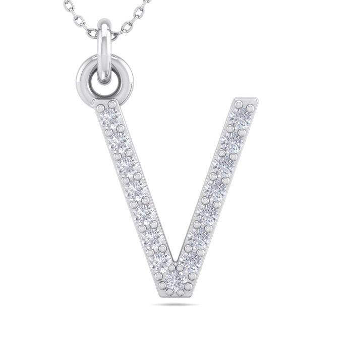 Letter V Diamond Initial Necklace in 14K White Gold (2.50 g) w/ 15 Diamonds, , 18 Inch Chain by SuperJeweler