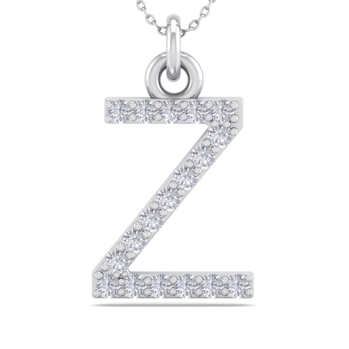 Letter Z Diamond Initial Necklace In 14K White Gold (2.50 G) W/ 18 Diamonds, H/I, 18 Inch Chain By SuperJeweler