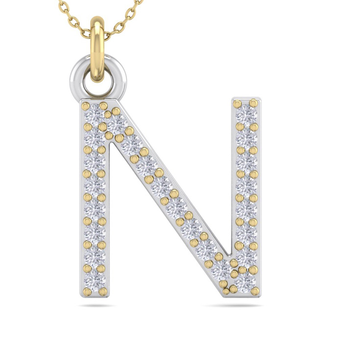 Letter N Diamond Initial Necklace in 14K Yellow Gold (2.50 g) w/ 24 Diamonds, , 18 Inch Chain by SuperJeweler