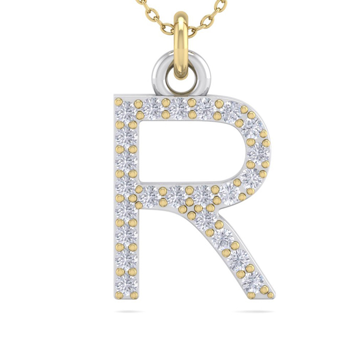 Letter R Diamond Initial Necklace in 14K Yellow Gold (2.50 g) w/ 23 Diamonds, , 18 Inch Chain by SuperJeweler